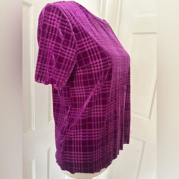 Nine West Purple Plaid Velvet Lettuce Hem Short Sleeve Blouse Small Burnout - Picture 6 of 11